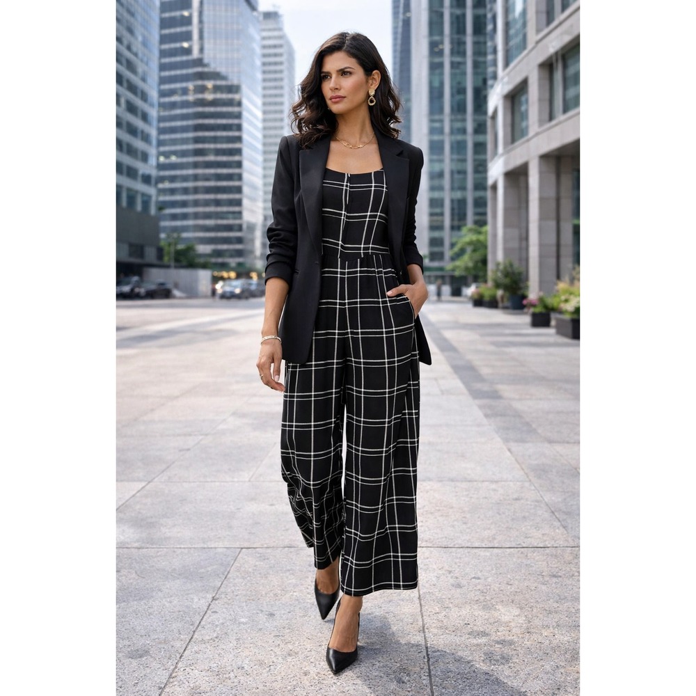 Black White Plaid Wide Leg Jumpsuit Women L Spaghetti Strap Career Chic